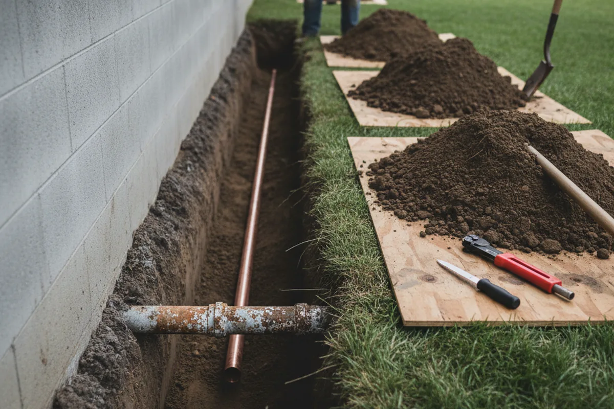 Excavated water line trench during Water Softener Installation in Kennett